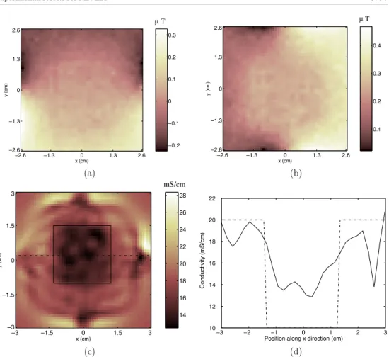 Figure 6. 2.5 cm × 2.5 cm square object with conductivity 10 mS cm −1 at the centre of the imaging region where background conductivity is 20 mS cm −1 
