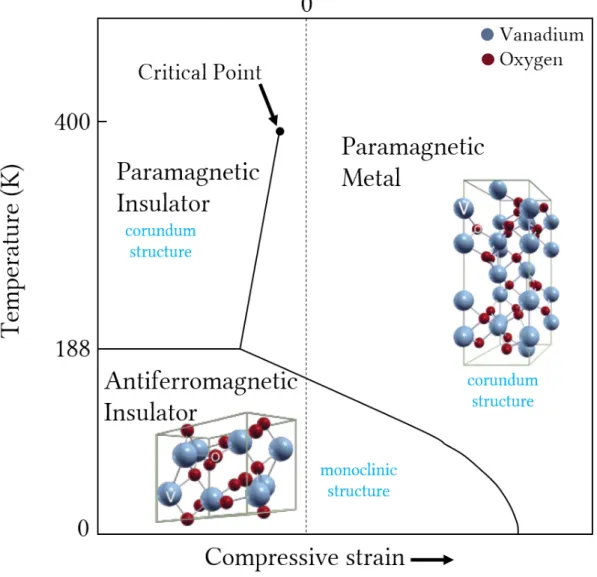 Figure 1.8: The phase diagram of V 2 O 3 based on reference [22]. The paramag- paramag-netic metal (PM) and insulator (PI) phases have corundum structure, while the antiferromagnetic insulator phase (AFI) has a monoclinic structure.