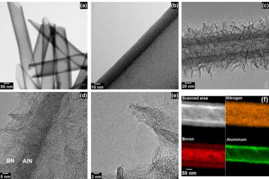 FIG. 3. (a) and (b) Representative bright field TEM images of AlN HNFs. (c) and (d) Representative bright field TEM images of AlN/BN bishell HNF having an average inner fiber diameter of ∼100 nm with an average wall thickness of ∼20 nm and