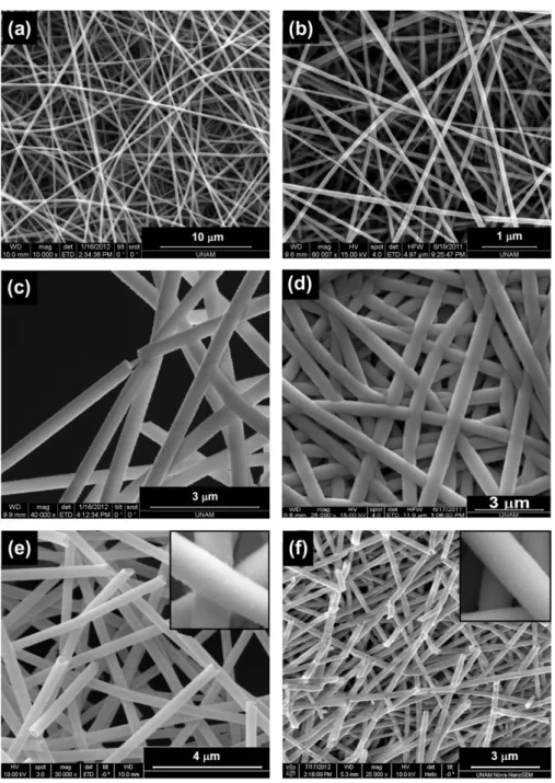 Fig. 2. Representative SEM images of (a and b) electrospun nylon 6,6 nanoﬁbers having 330 and 70 nm ﬁber diameters, respectively, (c and d) same electrospun nanoﬁbers coated with 600 cycles HfO 2 at 200 °C, and (e and f) HfO 2 HNs obtained by calcination