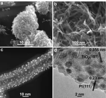 Figure 1. a),b) SEM images of the 3D TiO 2 nano-network; c) STEM and d) HRTEM images of the Pt-decorated 3D TiO 2 nano-network.