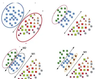 Figure 3. One step of model evolution. First, a model M 1 is learned to separate candidate category instances from global  neg-atives