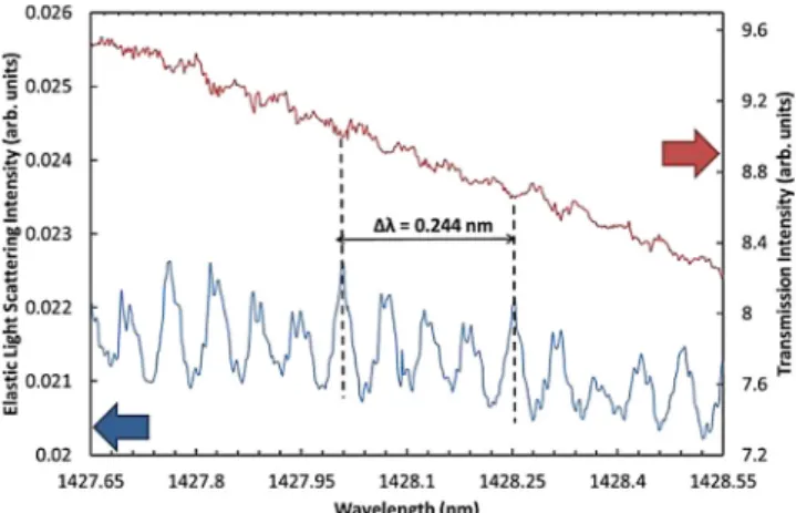 Fig. 3. Near-IR (1428 nm) 90 ° elastic scattering and 0 ° transmission spectra from  the 1 mm silicon sphere