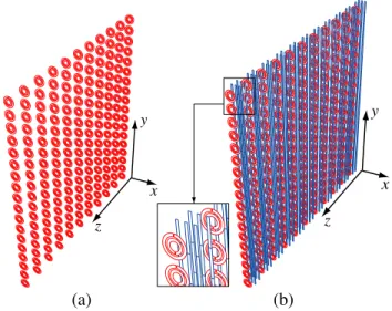 Figure 4. (a) 1-layer SRR wall involving 18 × 11 SRRs. (b) 1-layer CMM wall involving 18 × 11 SRRs combined with thin wires.