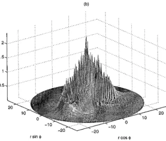 Fig. 7. Digital computation of the (a) Radon–Wigner transform and (b) magnitude of the Radon-ambiguity function transform