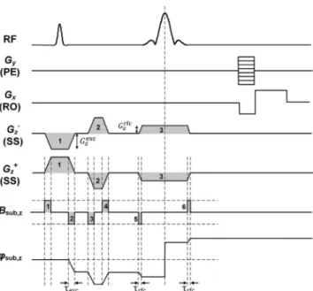 FIG. 1. The “modified” spin-echo pulse sequence for measuring the phase accumulated by the z-component of the subject eddy field (B sub;z ), which is induced due to switching of the z-gradient.