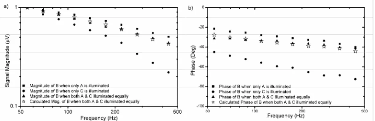 Fig. 2.  The response magnitudes (a) and phases (b) of  A, B and C (Ŷ, Ÿ and x). In the figures (a) and (b), ^ points shows that the  magnitude and phase of the sum of the responses of A and C fit to that of the phase and magnitude of B ( Ÿ).