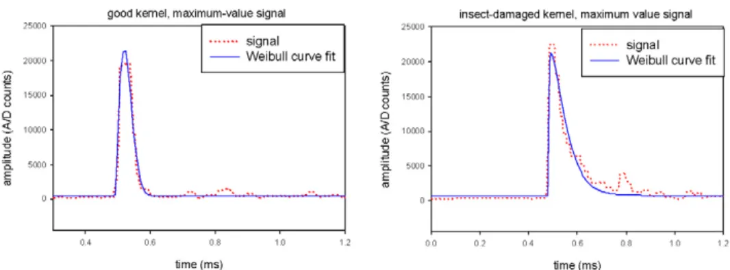 Fig. 5. Maximum-value filtered signals fitted with a Weibull curve for an undamaged kernel (left) and IDK (right).