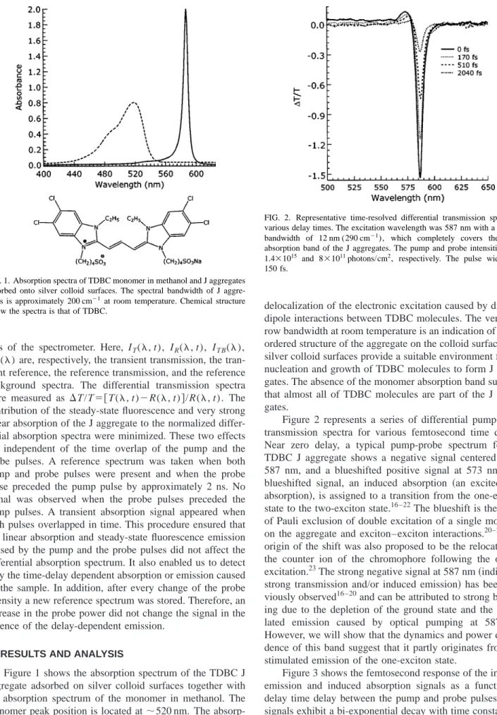 Figure 1 shows the absorption spectrum of the TDBC J aggregate adsorbed on silver colloid surfaces together with the absorption spectrum of the monomer in methanol