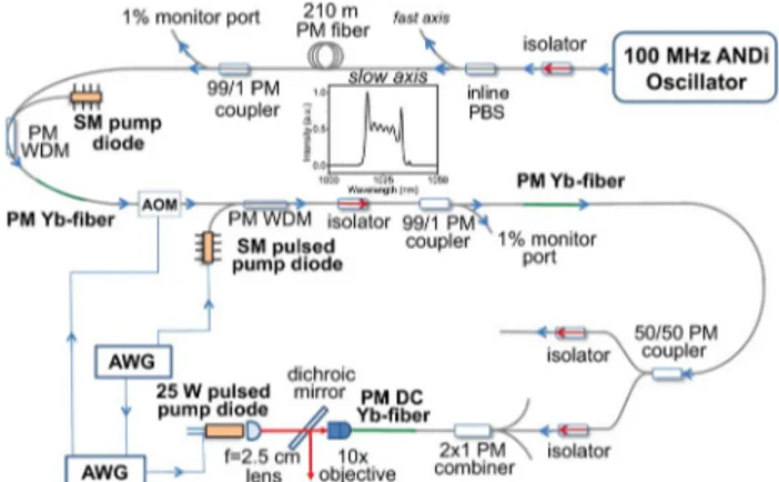 Fig. 1. (Color online) Schematic diagram of the burst-mode amplifier system. SM, single-mode