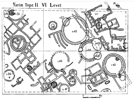 Figure  11.  Tholoi  and  rectangular  structures  from  Yarimtepe  II.  General  plan  of  Level VI with tholoi and rectangular structures (after Munchaev, 1997: fig