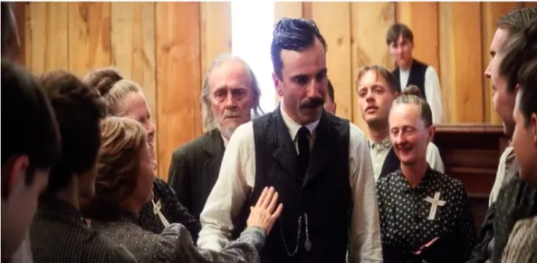 Figure 1. Daniel Plainview (Daniel Day-Lewis) is greeted by the members of the church after his  baptism 