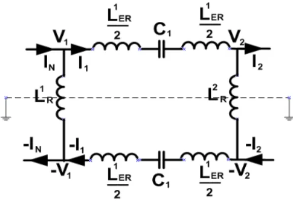 Figure 2.6: Equivalent lumped circuit element model for N-leg high-pass birdcage coil with virtual ground, voltages and currents