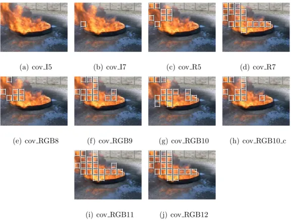 Figure 3.1: Classiﬁcation of patches of a test image when various covariance descriptors are used.