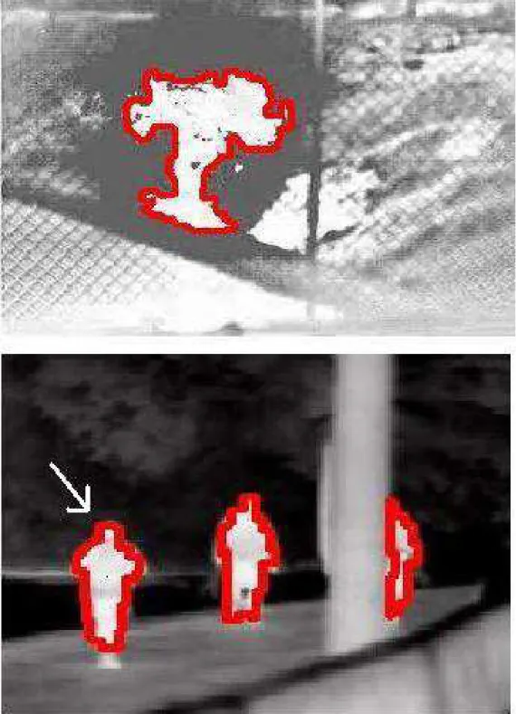 Figure 3.1: Two relatively bright moving objects in FLIR video: a) fire image, and b) a man (pointed with an arrow)