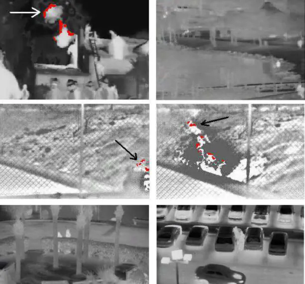 Figure 3.8: Image frames from some of the test clips. a), b) and c) Fire regions are detected and flame boundaries are marked with arrows