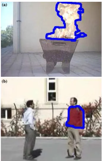 Figure 9. Two fire colored objects in video: (a) fire image, and (b) fire colored shirt