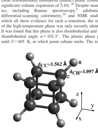 FIG. 1. Cubane molecule in its standard orientation. Dark large spheres represent carbon atoms, while small gray spheres represent hydrogen atoms