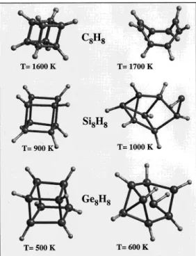 Figure 4. High-temperature structures of the X 8 H 8 molecules calculated by quantum molecular dynamics with a plane-wave basis set