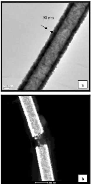 Figure 3: (a) TEM and (b) HAADF-STEM images of  nylon66-ZnO core-shell nanofibers. 