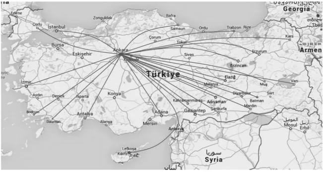 Figure 1: AnadoluJet serves 28 airports using a hub-and-spoke network; Ankara is its main hub.