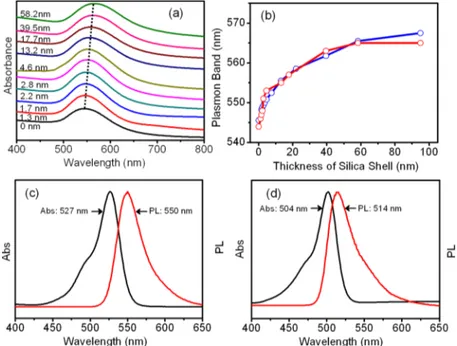 Figure 2a shows the UV vis absorption spectra of Au/silica core shell structures with diﬀerent shell thickness (0 nm corresponds to bare Au nanoparticles),Figure 2