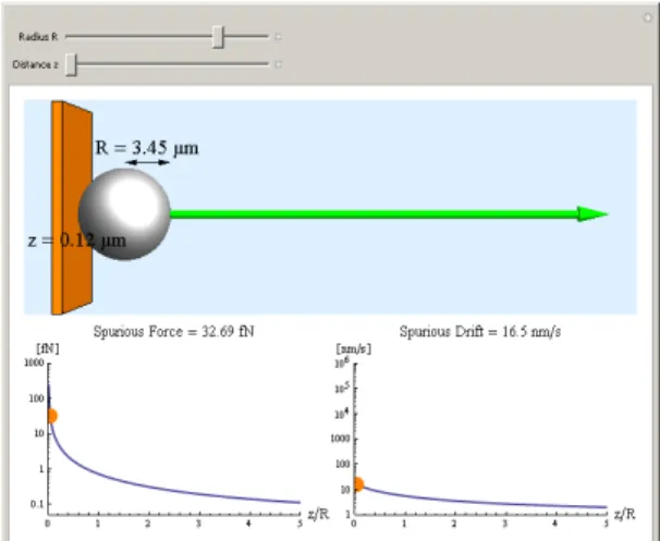 Figure 7. Spurious force and drift as a function of the particle radius (Preview). The spurious force and drift for a 3.45  micron radius particle at 0.12 micron from a wall