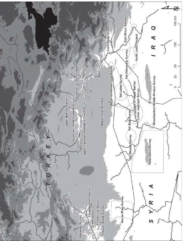Figure 5: The Tigris-Euphrates Archaeological Reconnaissance Project survey areas in  southeastern Turkey, northern Syria, and northern Iraq (Algaze et al., 2012: Fig