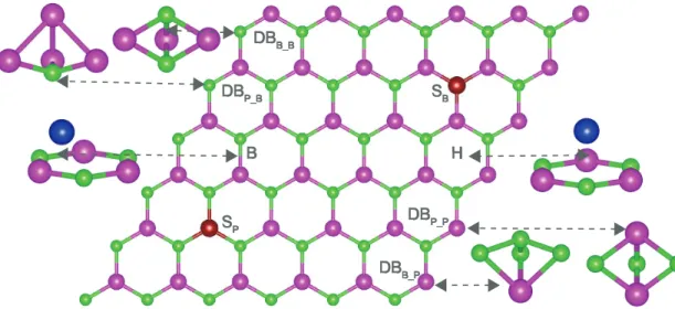 Figure 3.8: Hollow(H), bridge(B) and various DB positions representing possible adsorption geometries of adatoms on monolayer BP.