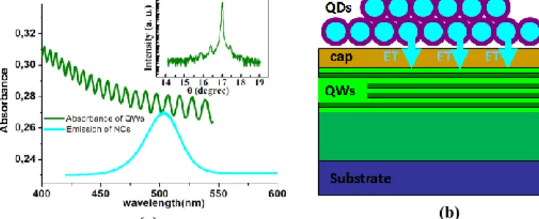 Figure 1. (a) Photoluminescence of CdSe/ZnS core/shell quantum dots in film and optical absorbance of InGaN/GaN quantum wells along with  their  X-ray  diffraction  measurement  (given  in  the  inset),  and  (b)  schematic  representation  of  the  hybrid