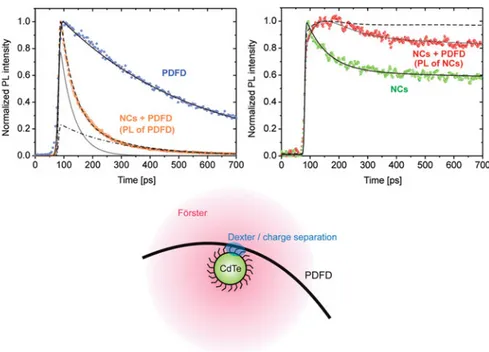 Fig. 7 Time-resolved fluorescence decays for the donor PDFD and acceptor CdTe QDs in the PDFD-CdTe QD hybrid nanocomposite (solution phase) are shown before and after incorporation.
