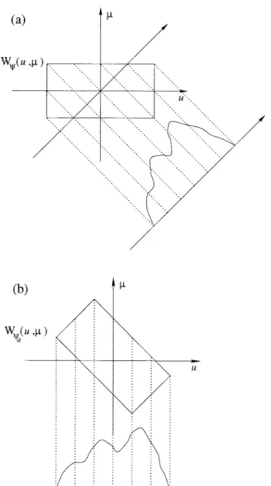 Figure 1. The integral projection of W ψ (u, µ) onto the u a axis which makes an angle α = aπ/2 with the u axis (a) is equal to the integral projection of W ψ a (u, µ) onto the u axis (b).