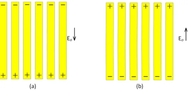 Figure 2.7: Charge distribution on metallic strips with E-field parallel to the metallic strips during the (a) negative cycle of striking wave and (b) positive cycle of striking wave.