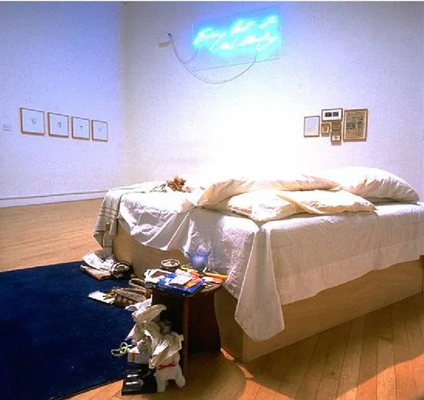 Figure 6: Tracey Emin, My Bed, 1998. Mattress, linen, pillows, rope, various  memorabilia, 79x211x234 cm