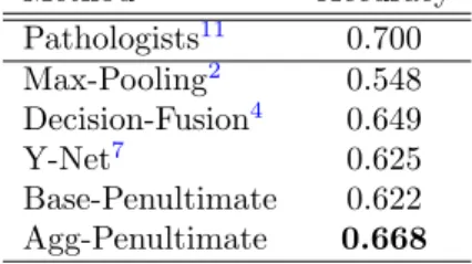 Table 3. The ROI-level classification performance comparison. Method Accuracy Pathologists 11 0.700 Max-Pooling 2 0.548 Decision-Fusion 4 0.649 Y-Net 7 0.625 Base-Penultimate 0.622 Agg-Penultimate 0.668