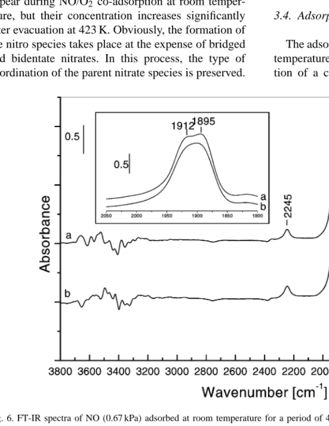 Fig. 6. FT-IR spectra of NO (0.67 kPa) adsorbed at room temperature for a period of 40 min on the sample CuZS (a) and after evacuation at room temperature for 10 min (b)