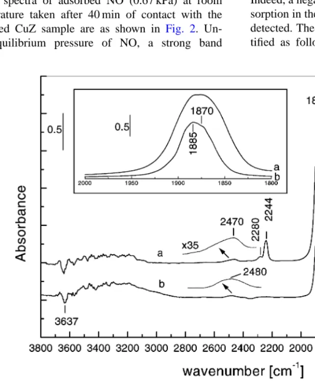 Fig. 2. FT-IR spectra of NO (0.67 kPa) adsorbed at room temperature for a period of 40 min on the sample CuZ (a) and after evacuation at room temperature for 10 min (b)