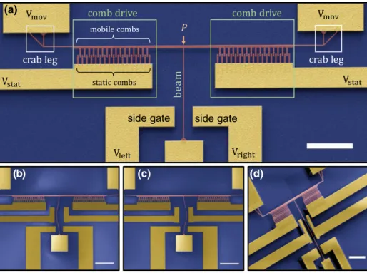FIG. 1. Electrostatic control of buckling. (a) The mechanical and electrical components of the device are labeled on the figure.