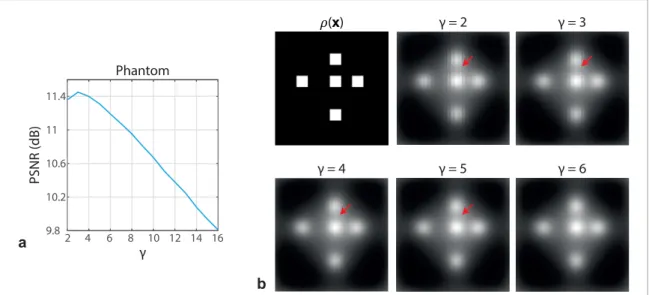 Figure A1.  The effect of  γ  on image quality. (a) PSNR analysis indicates that highest image quality is achieved at  γ = 3 , with  higher  γ  values causing a reduction in image quality