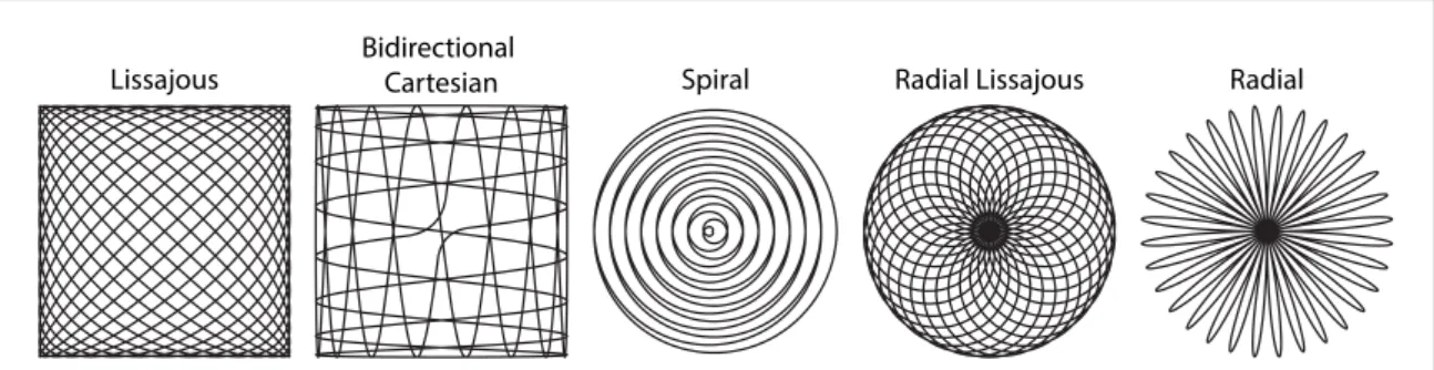 Figure 5.  The non-Cartesian FFP Trajectories used in this work, all shown here for N P   =  16 and identical T R .