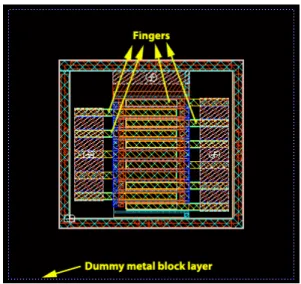 Figure 3.4: Layout top view of a transistor from Cadence Virtuoso. Fingered architecture can be seen