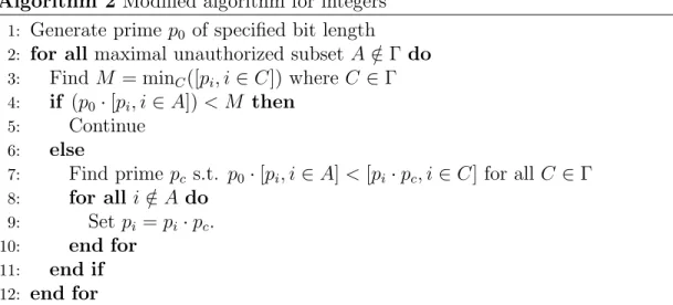 Table 4.1 shows the average and maximum bit lengths of the generated gen- gen-eralized Asmuth-Bloom sequences for 4 different access structures and for p 0 of length 32, 64, 128, 256 and 512 bits