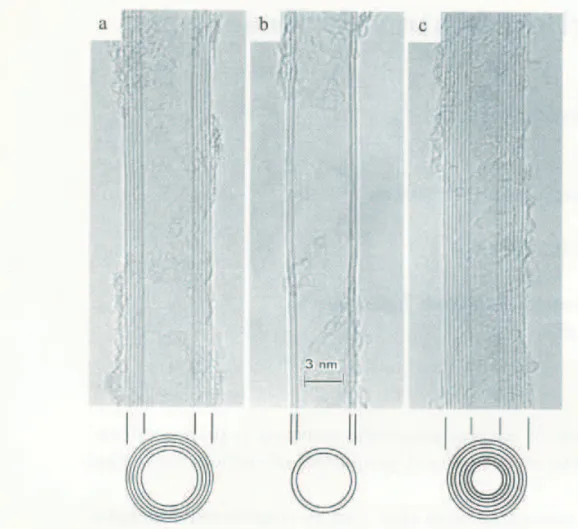 Figure 1.1: The observation by TEM of multi-wall coaxial nanotubes with various inner and outer diameters, d i and d 0 , and numbers of cylindrical shells N reported by Iijima in 1991: (a) N = 5, d 0 = 67˚ A; (b) N = 2, d 0 = 55˚ A; and (c) N = 7, d i = 23