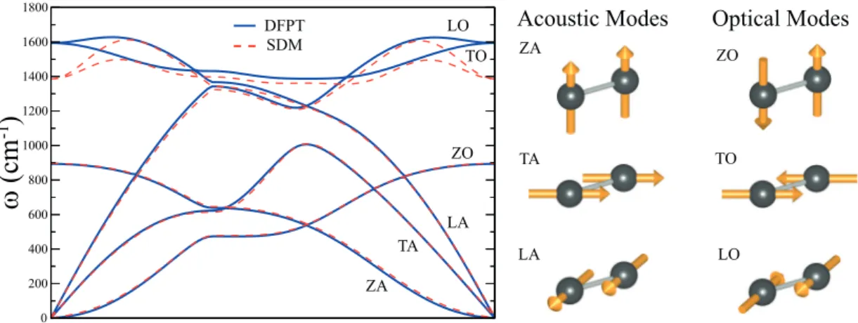 Figure 2.5: Phonon dispersion of the graphene. The results of SDM nad DFPT