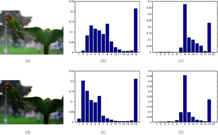 Fig. 7. Two successive frames in a gradual transition: (a) ith frame; (b) the gray-scale histogram of the ith frame; (c) the fuzzy color histogram of the ith frame; (d) (i + 1)th frame; (e) the gray-scale histogram of the (i + 1)th frame; (f) the fuzzy col