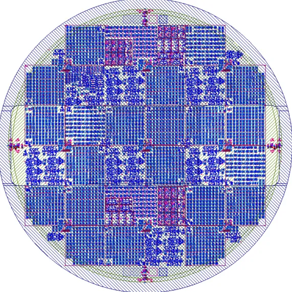 Figure 2.2: 3-inch photomask, including transistor reticles, MMICs, passive com- com-ponents, and PCM regions.