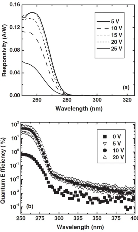Figure 4.1.3 (a) Measured spectral responsivity curves as a function of reverse bias voltage,  (b) corresponding spectral quantum efficiency of Schottky photodiodes