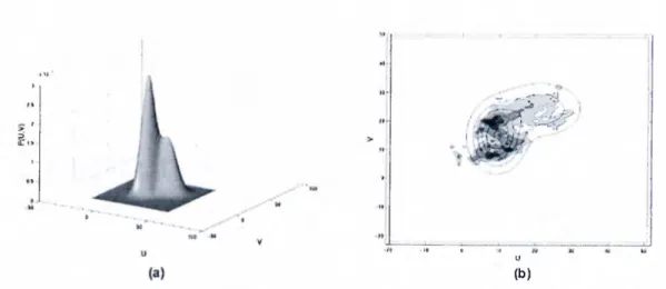 Figure  3.6:  Estimated  human  skin  color  density  function  using  Gauss-Newton  algorithm,  (a)  3-D  view  of the  estimated  histogram,  (b)  Top  view  of estimated  histogram  compared  to  the  histogram  shown  in  Figure  3.4d.