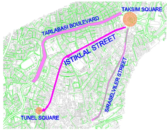 Figure 3. İstiklal Street between Tarlabaşı and Sıraselviler (University of Mimar Sinan, High School for Trade).