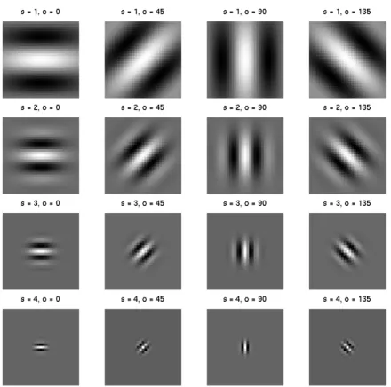 Figure 2.2: Gabor texture filters at different scales (s = 1, . . . , 4) and orientations (o = 0 ◦ , 45 ◦ , 90 ◦ , 135 ◦ )